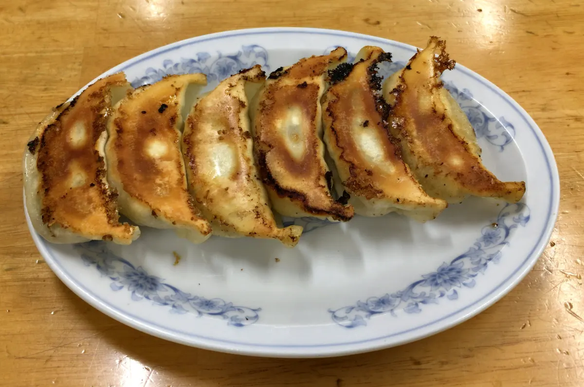 Foto de exemplo: Gyoza tostados numa travessa de porcelana