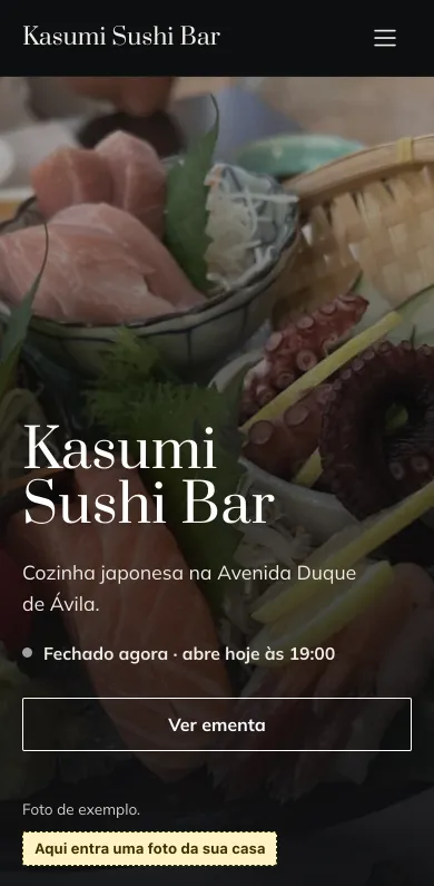 Exemplo fictício: Kasumi Sushi Bar, estilo Clássico, no telemóvel