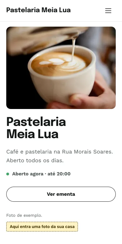 Exemplo fictício: Pastelaria Meia Lua, estilo Claro, no telemóvel