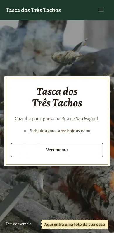 Exemplo fictício: Tasca dos Três Tachos, estilo Tradicional, no telemóvel